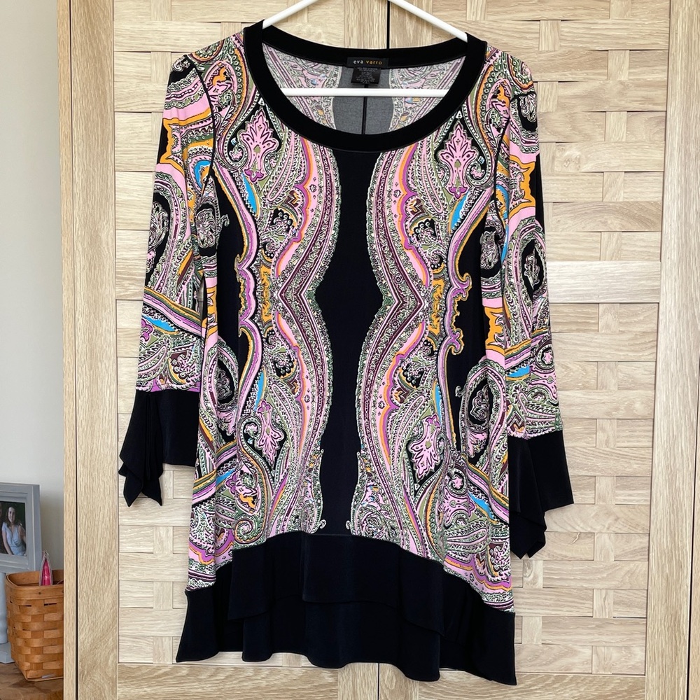 eva varro Black Paisley Ruffle Hem Tunic with Pink, Yellow & Aqua Accents